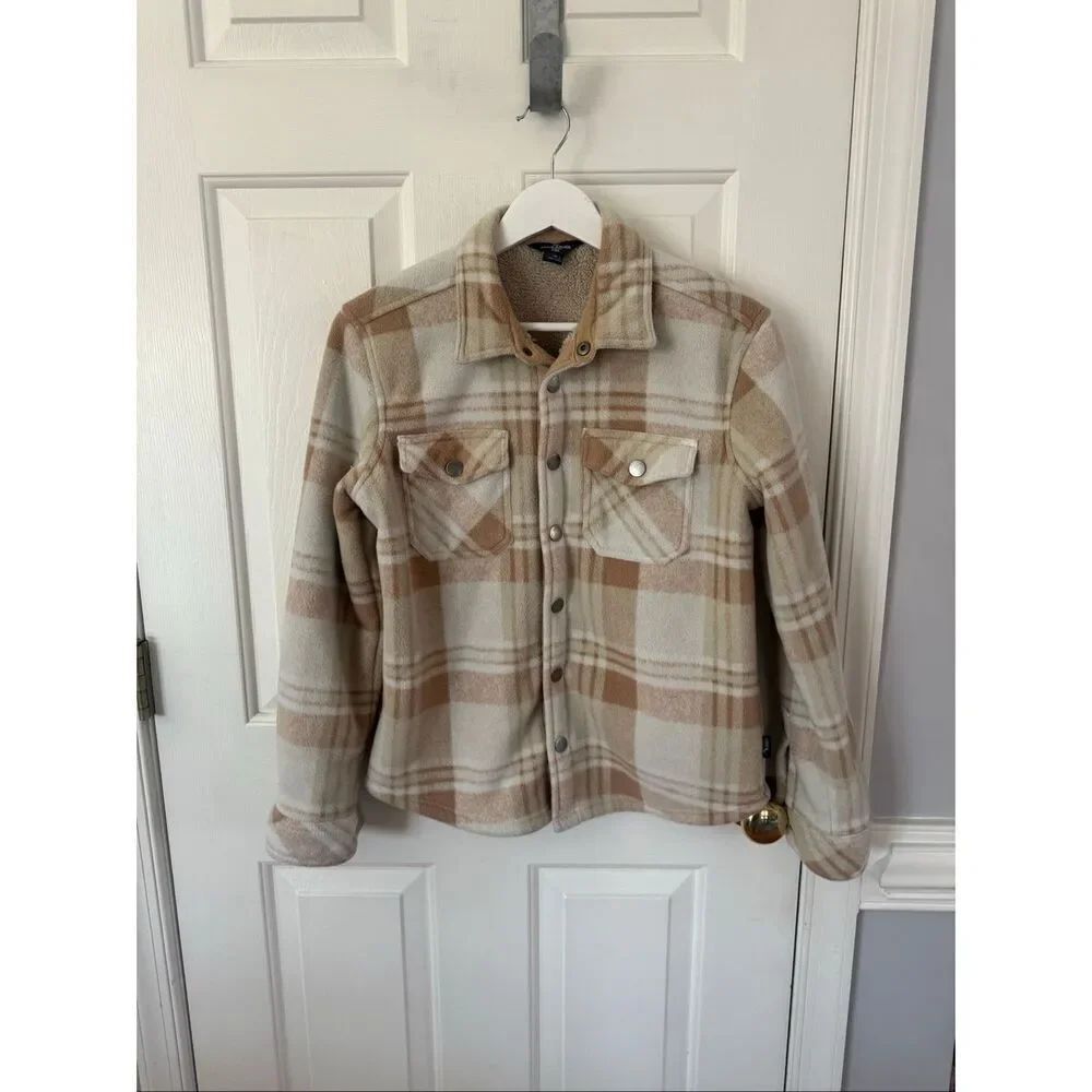 Eddie Bauer Kids Tan Plaid Fleece Lined Snap Up Shacket Jacket sz L EUC